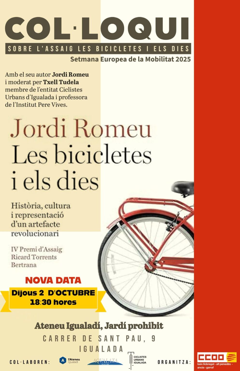 L’Espai Cultura Social de CCOO Anoia organitza un col·loqui amb l’escriptor Jordi Romeu, autor del llibre “Les bicicletes i el dies”