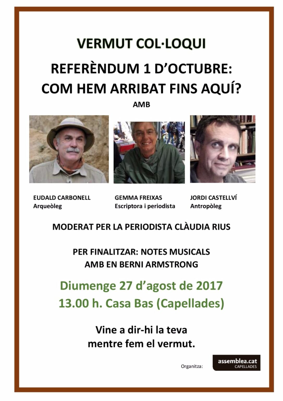 Vermut col·loqui a Capellades sobre el referèdum: ‘Com hem arribat fins aquí?’
